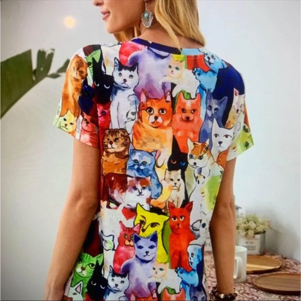 Colorful Cat Print T-Shirt